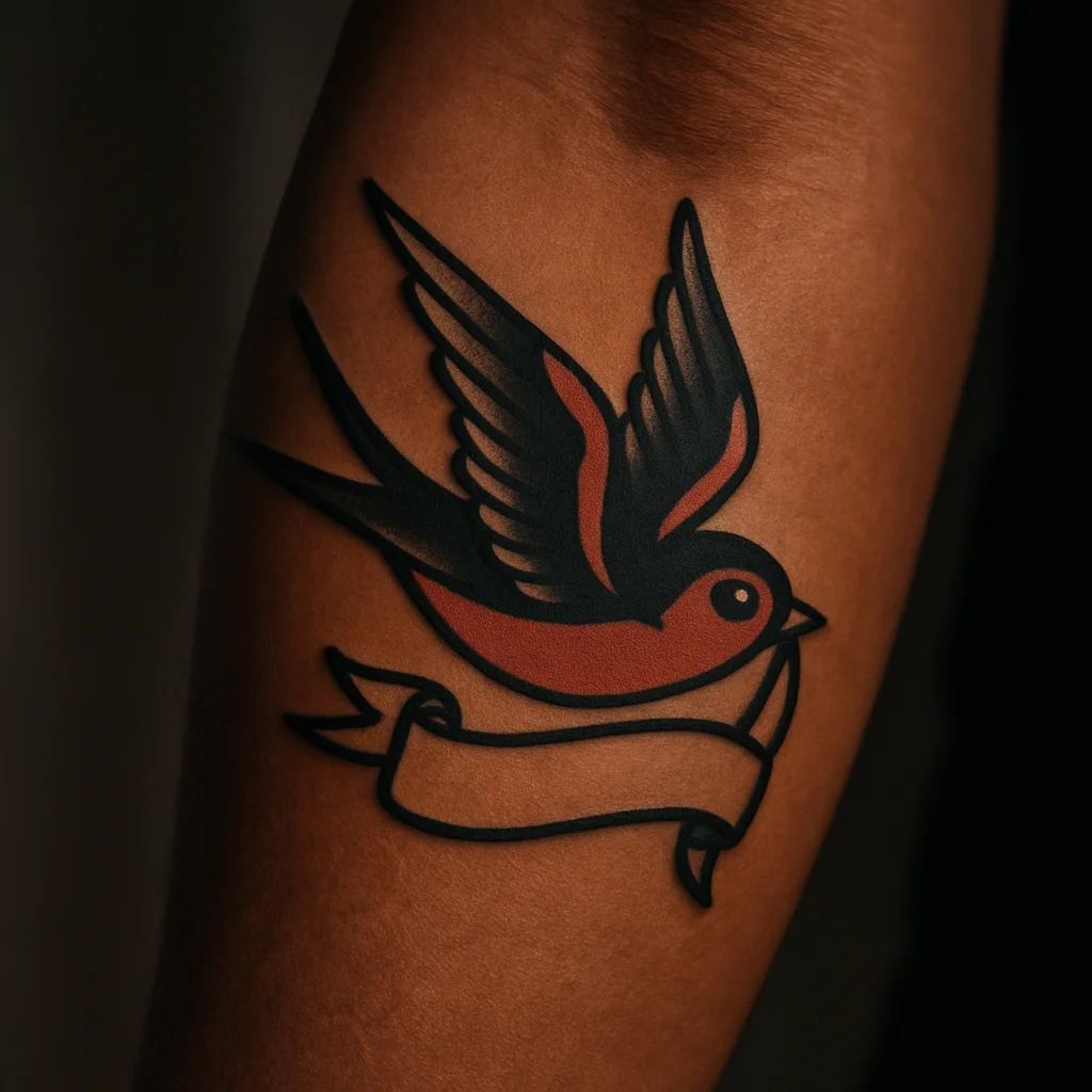 Traditional swallow with blank banner tattoo in bold outline on outer forearm