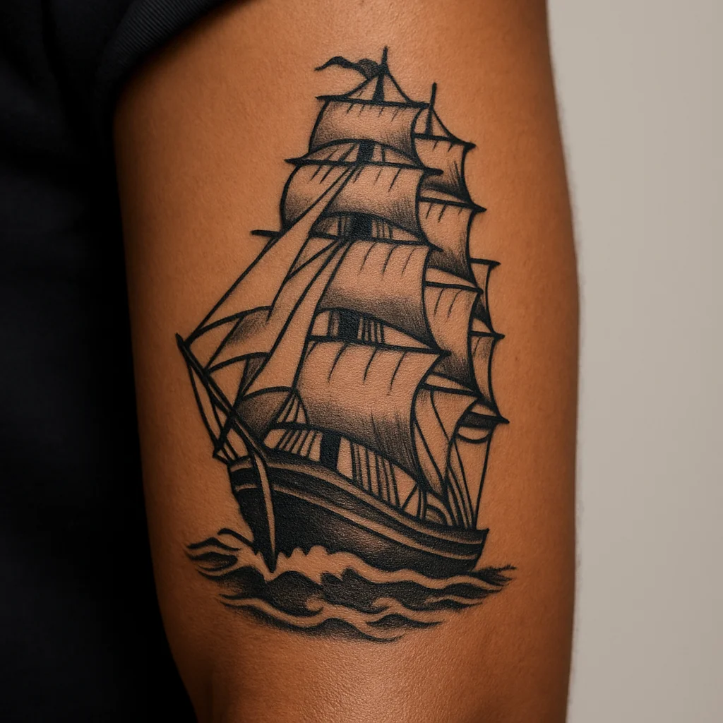 Traditional tall ship under full sail tattooed vertically on a man's outer forearm