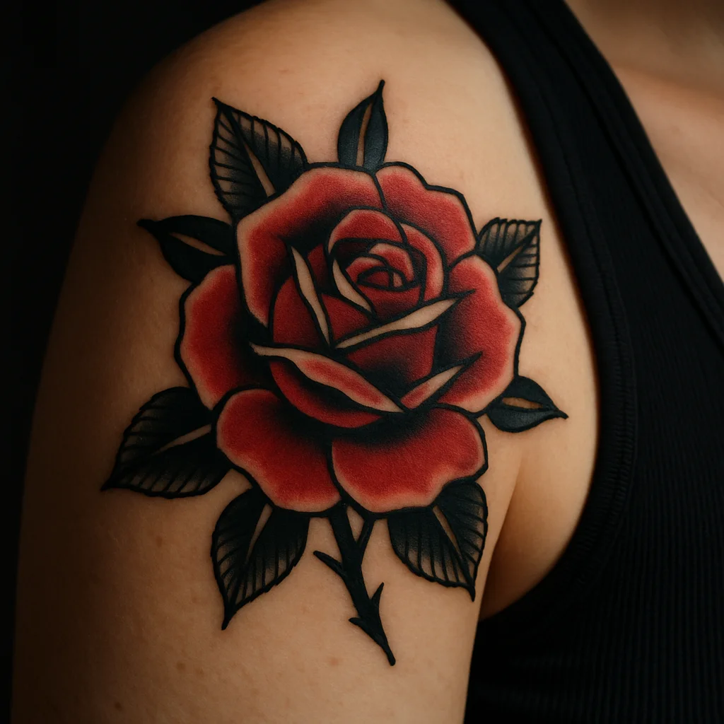 Traditional two-tone rose tattoo on the shoulder cap with bold outlines