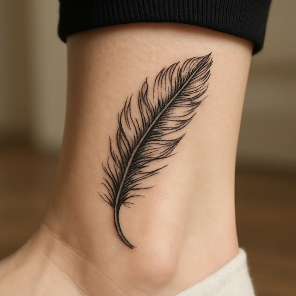Trailing feather tattoo with separated barbs at the back of the ankle