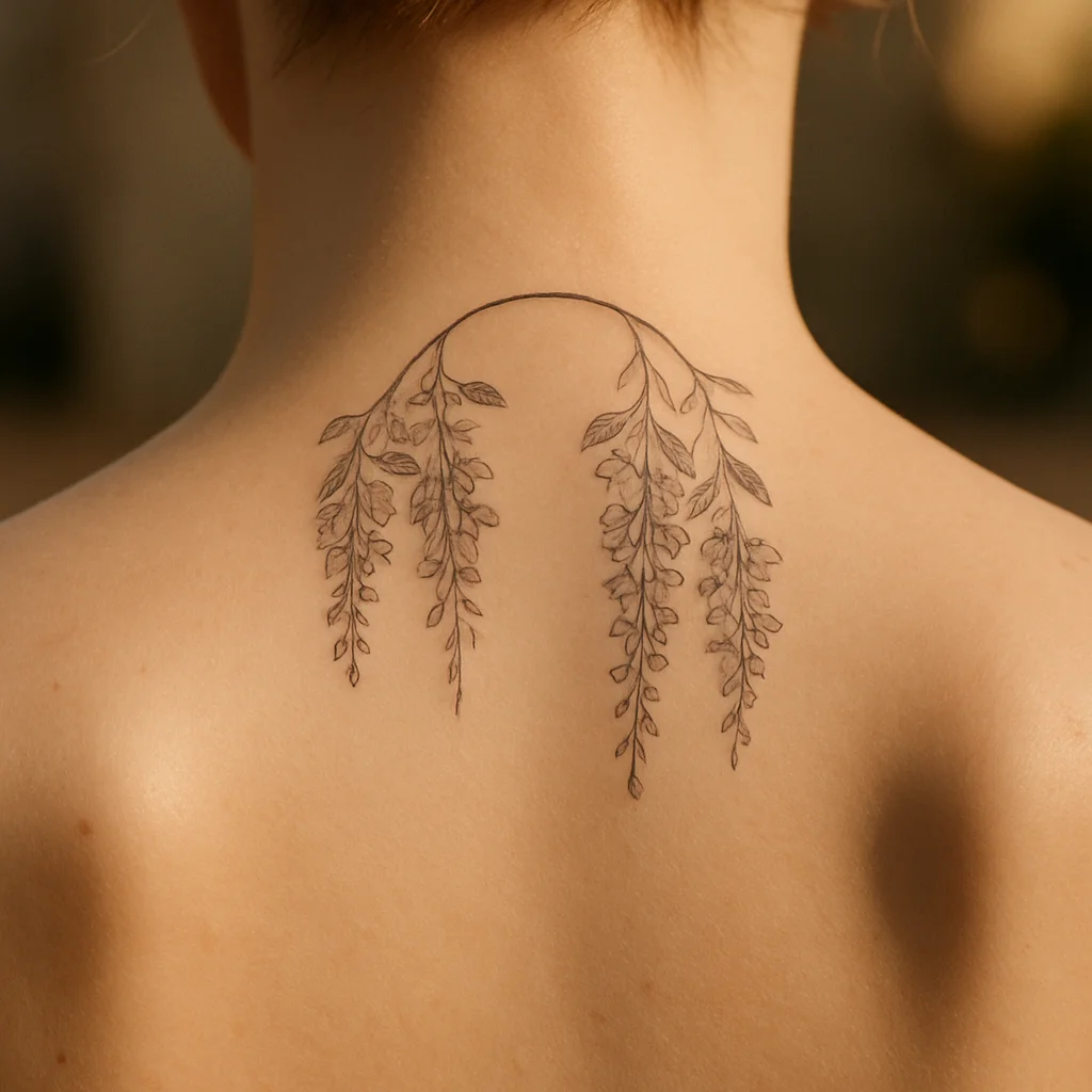 Trailing wisteria spine tattoo with hanging blossom clusters in fine line work down the back