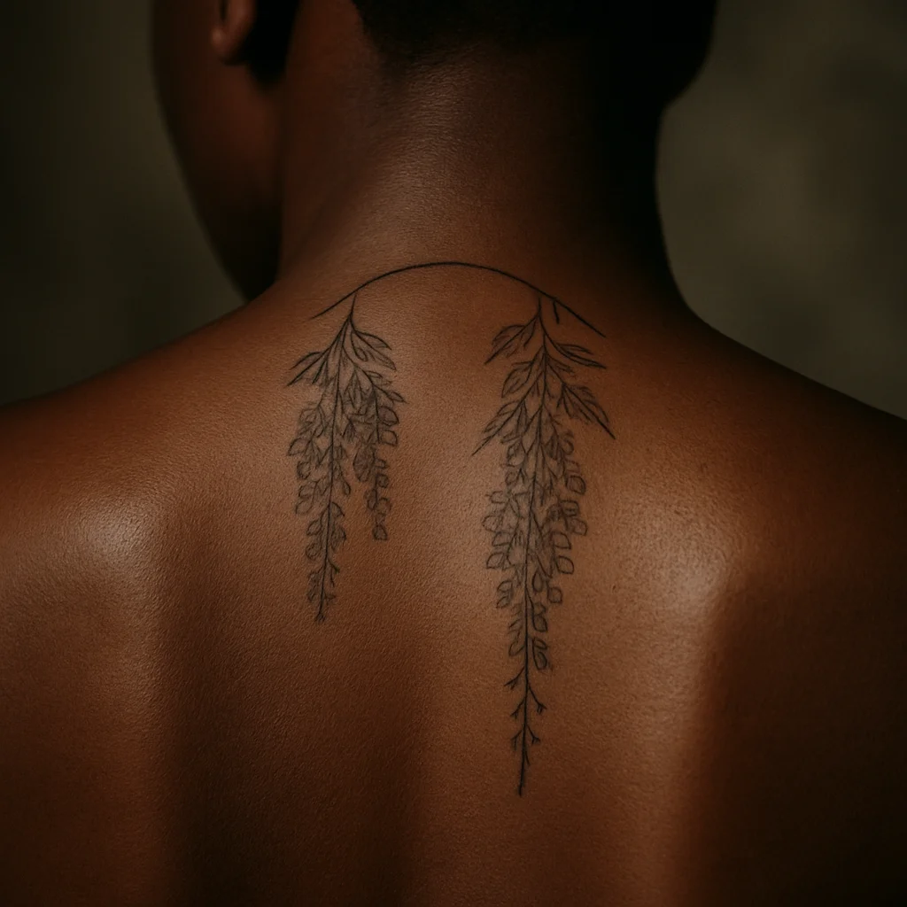 Trailing wisteria tattoo with hanging clusters cascading down the spine in fine-line style