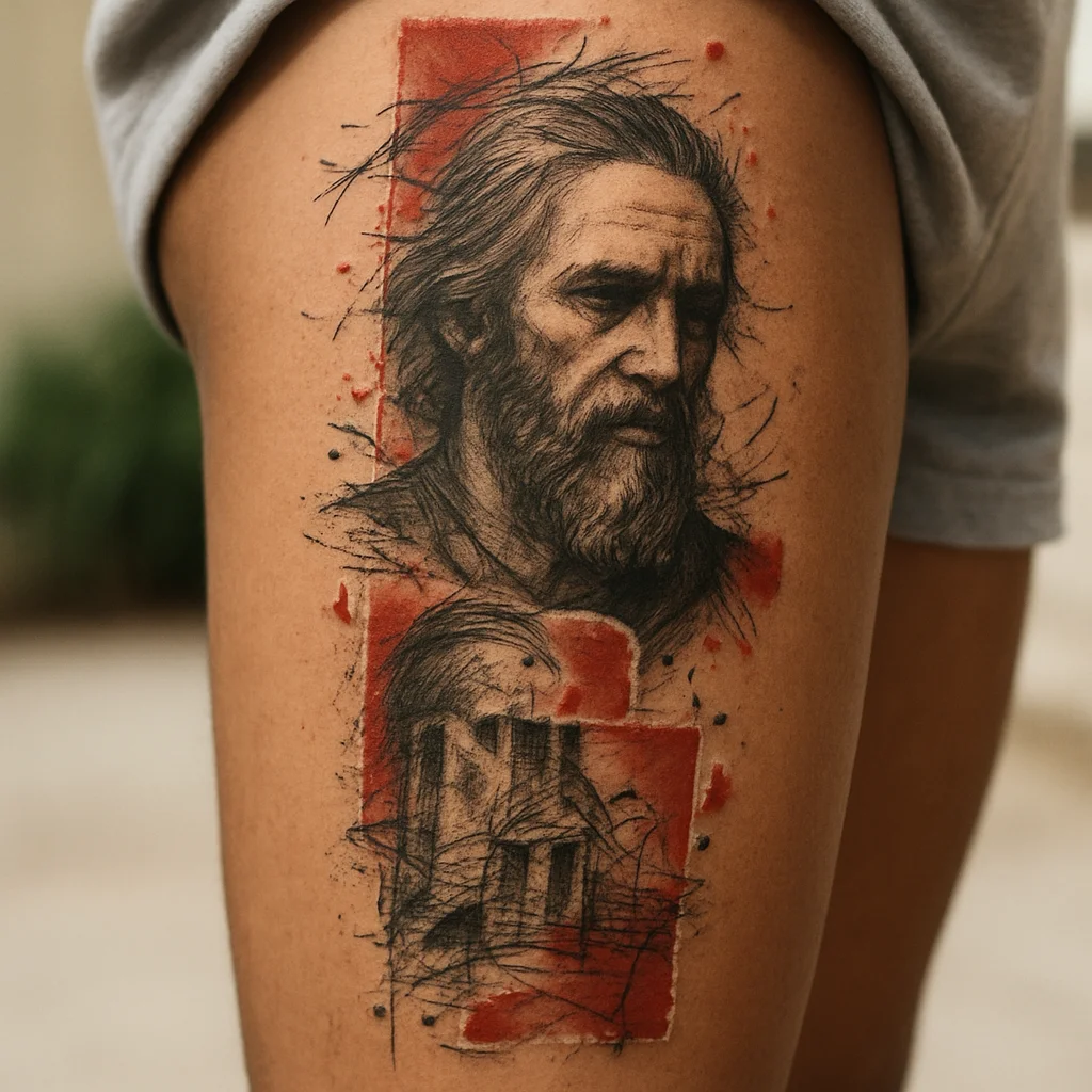 Trash polka leg sleeve mixing black realism with red blocks and splatters