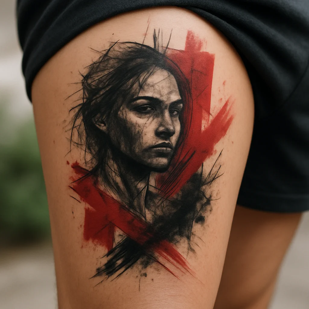 Trash polka style thigh wrap tattoo with red blocks and graphic slashes on a man's leg
