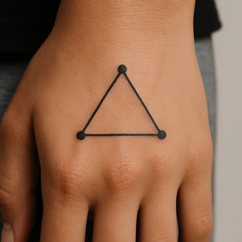 Triangle of three spaced dots, minimalist micro tattoo on back of the hand