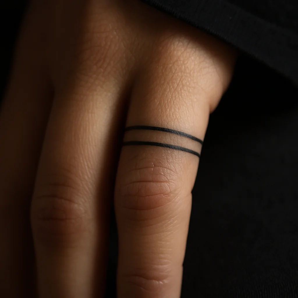 Twin minimalist bands tattooed at the base of a finger with a gap