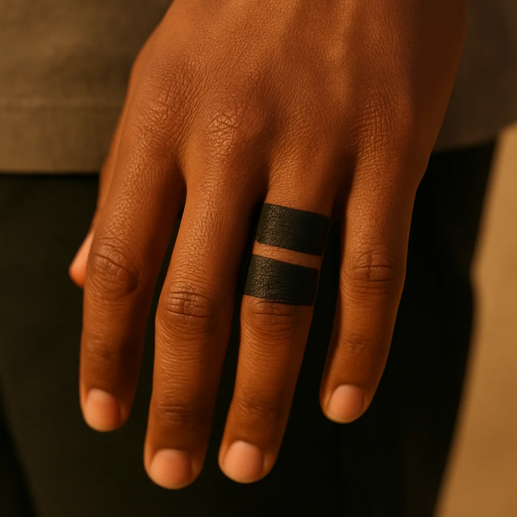 Two bold black bands tattooed around a middle finger segment