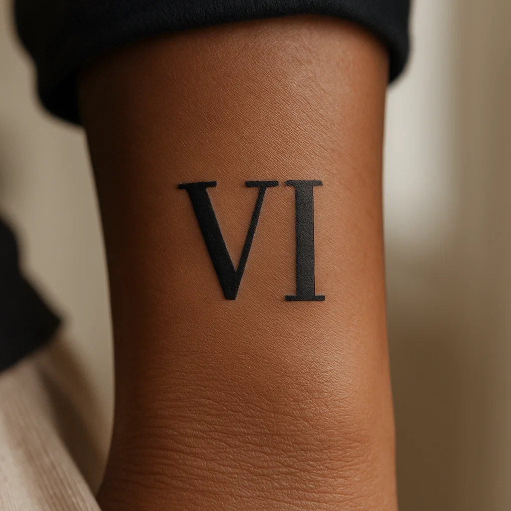Two-character Roman numeral tattoo with wide spacing, minimalist bold lines on side of wrist