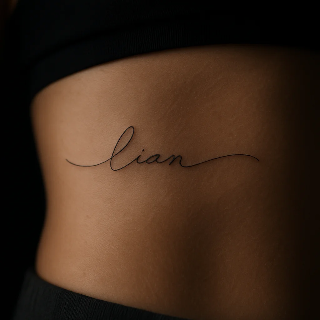 Two children's names linked by one continuous cursive line along the ribcage