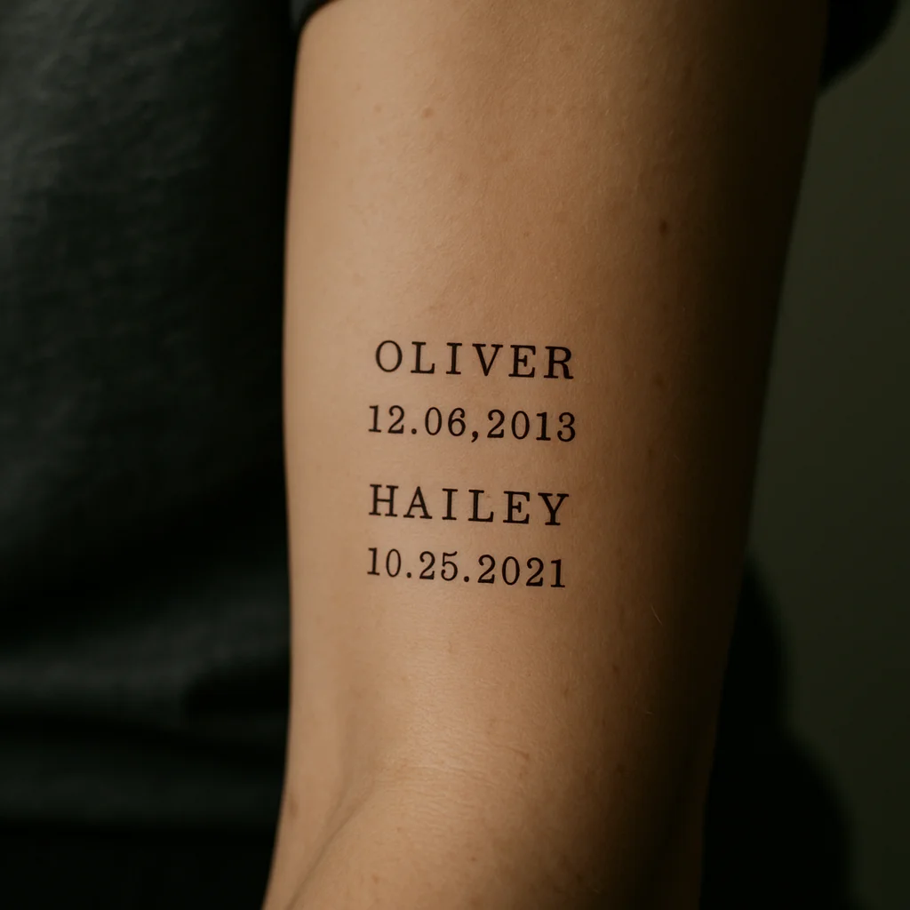 Two children's names with typewriter birthdates evenly spaced in fine line on the inner forearm
