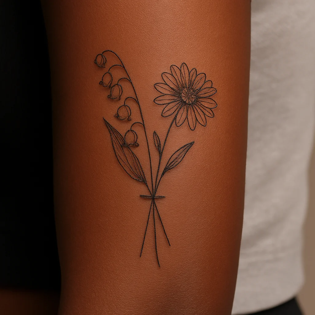 Two crossed birth flower stems including lily of the valley tied with a fine band on the inner forearm