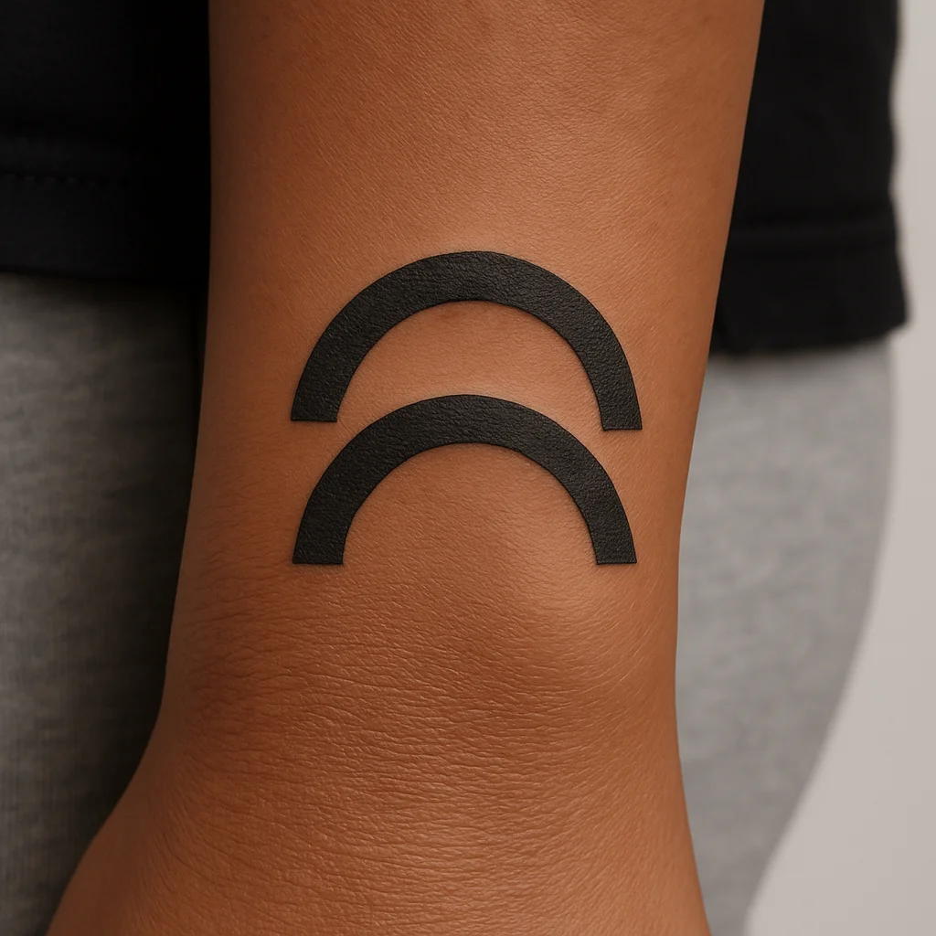 Two interlocking geometric arcs tattooed small on the side of the wrist