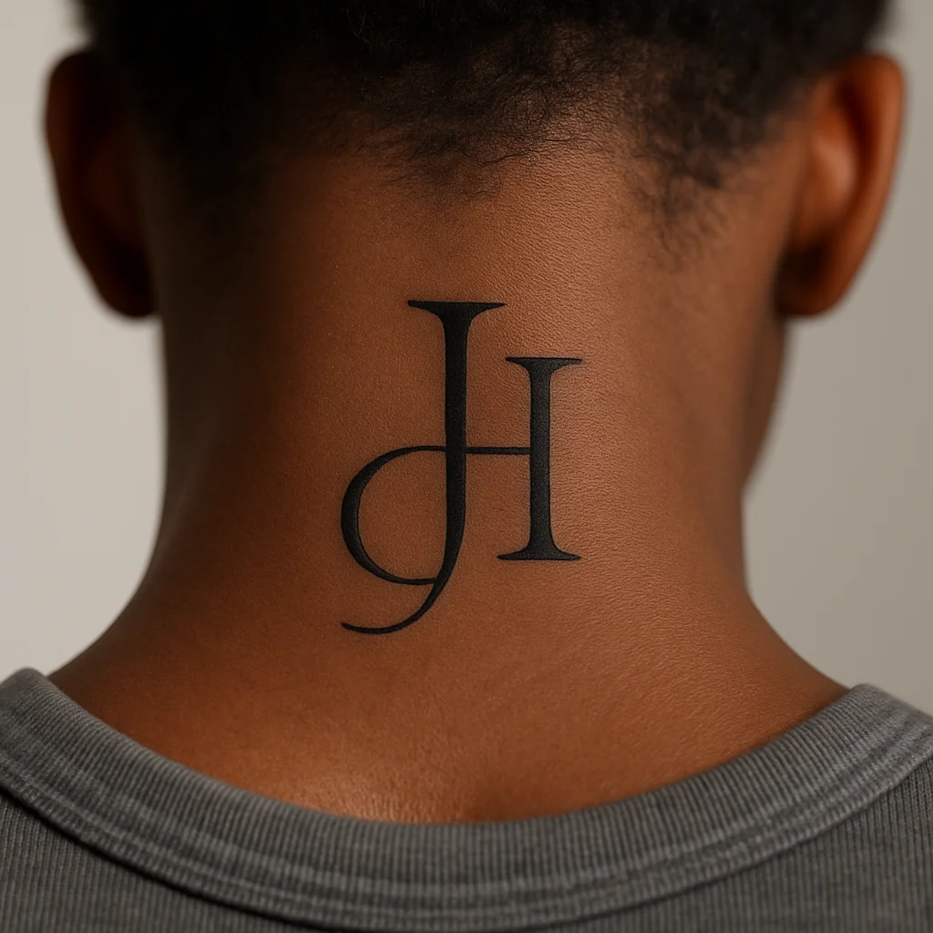 Two-letter overlapping monogram tattooed in minimalist style at the nape of the neck