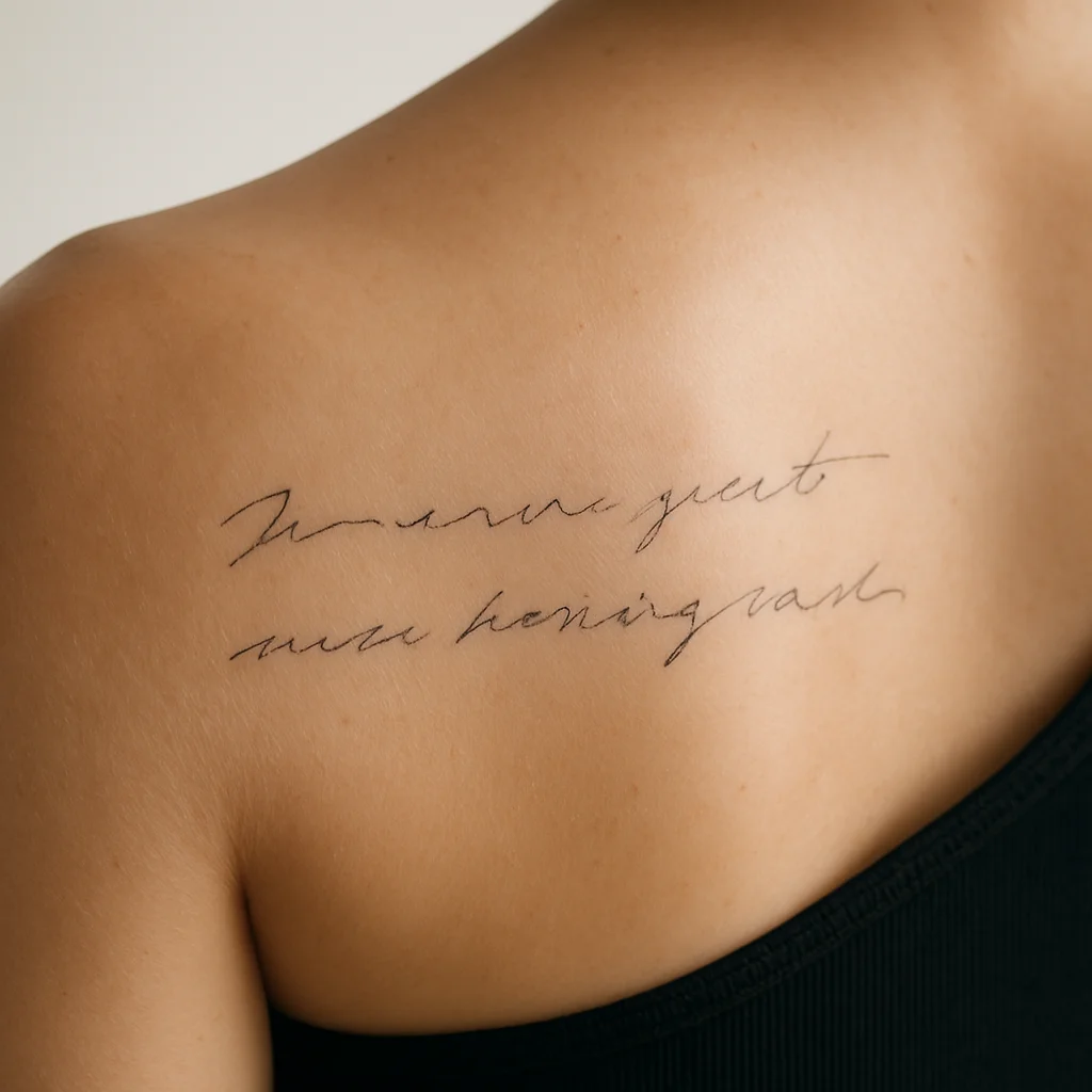 Two lines of handwriting from a birthday card tattooed across the upper back in fine-line script