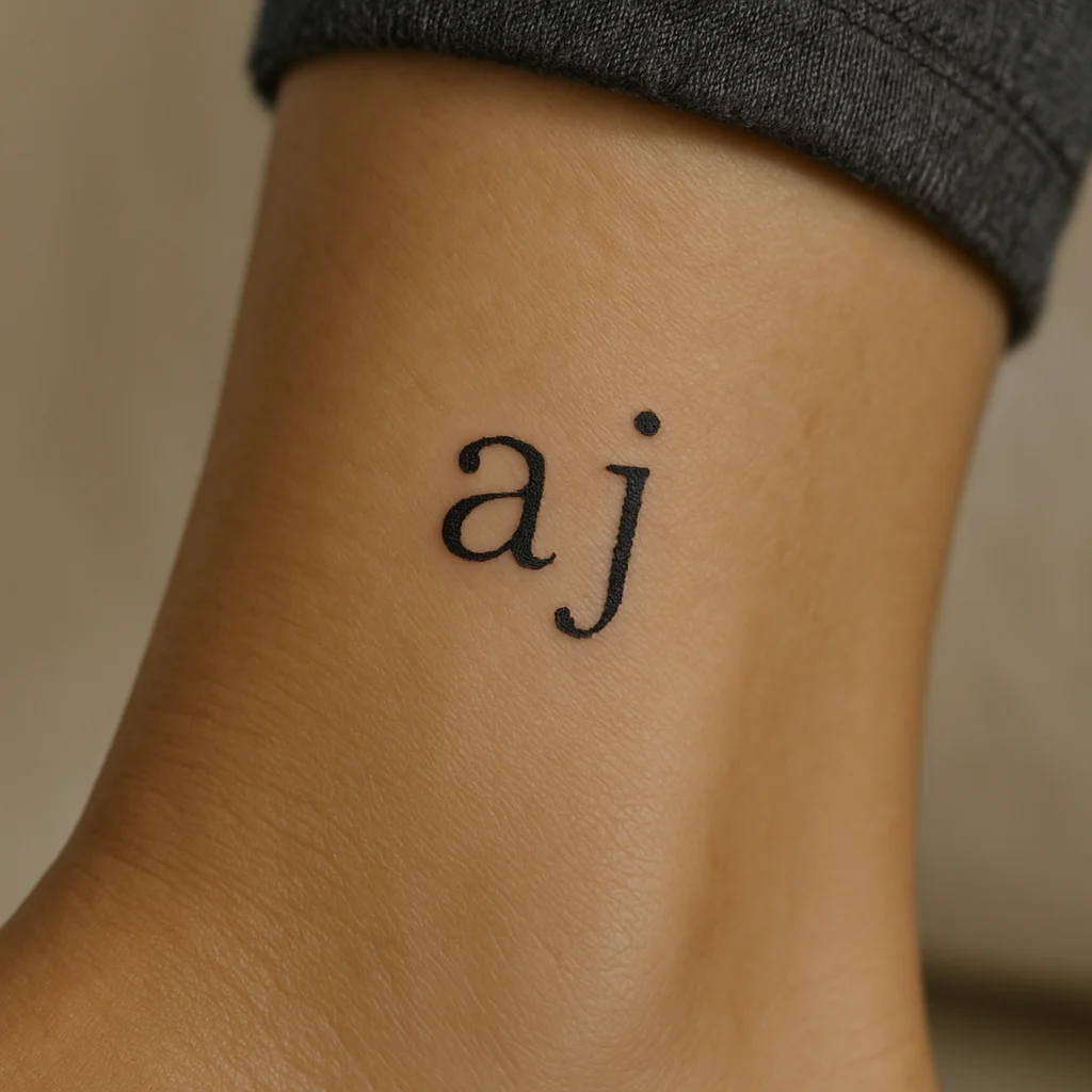 Two lowercase initials in typewriter serif lettering on the inner ankle