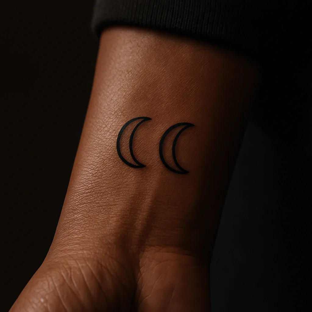 Two matching minimalist crescent moon tattoos aligned side by side on inner wrists