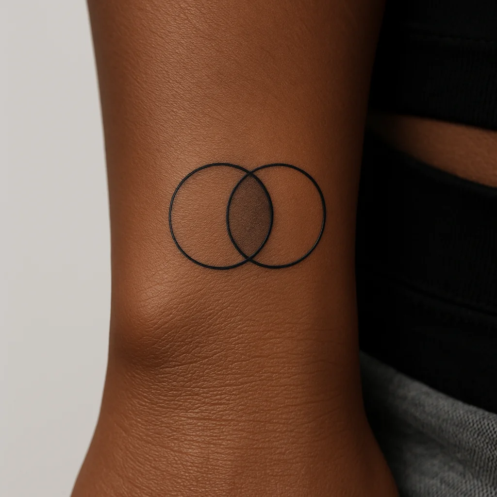Two overlapping geometric circles with a shaded lens tattooed on the side of the wrist