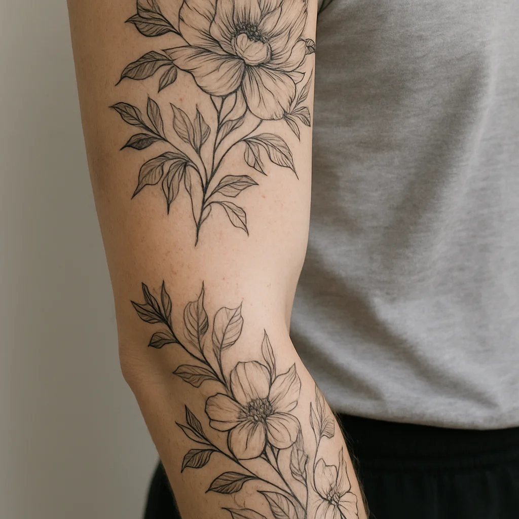 Two-part floral half sleeve leaving a bare skin band across the elbow crease