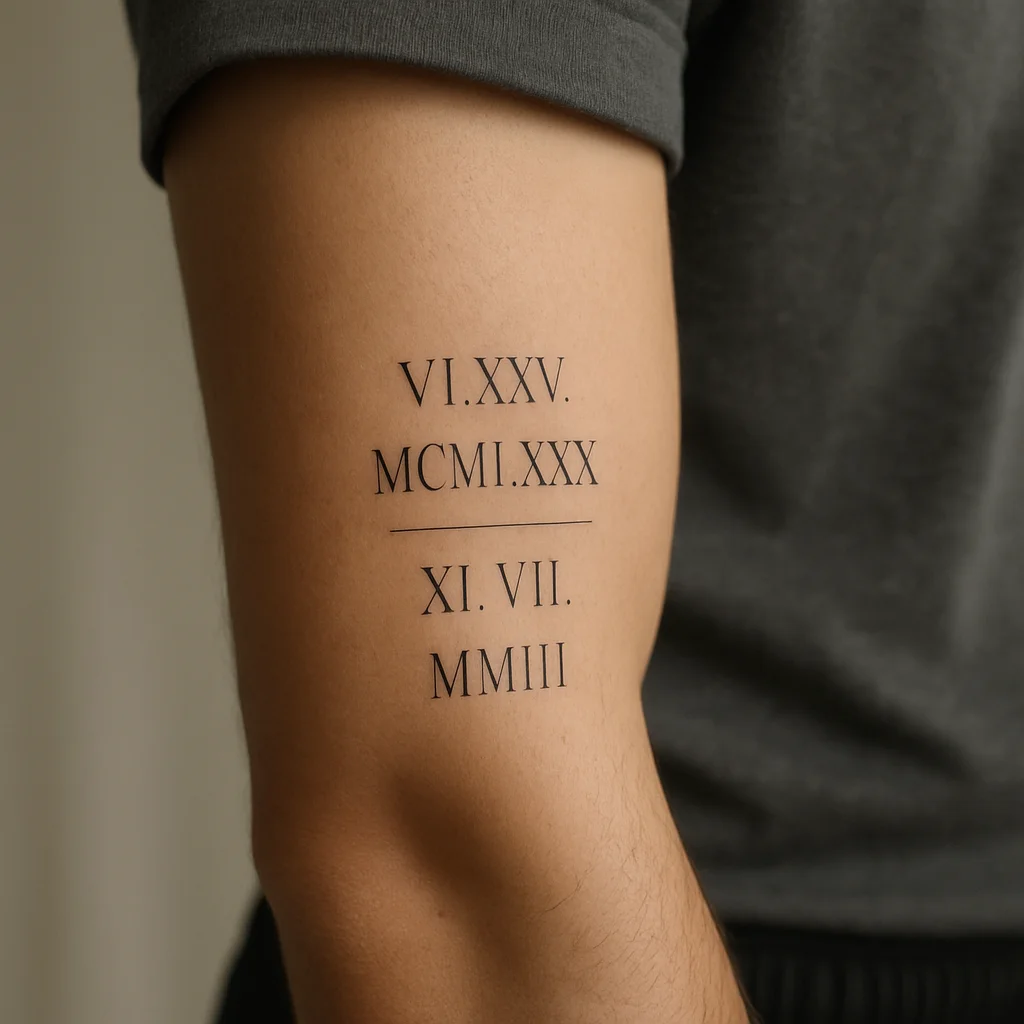 Two Roman numeral birthdates stacked in a column with hairline rules on the outer forearm