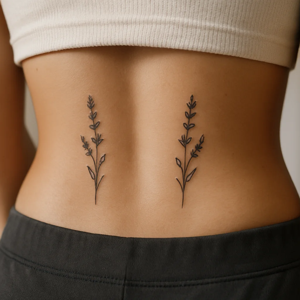 Two small lavender sprig tattoos flanking the lower spine