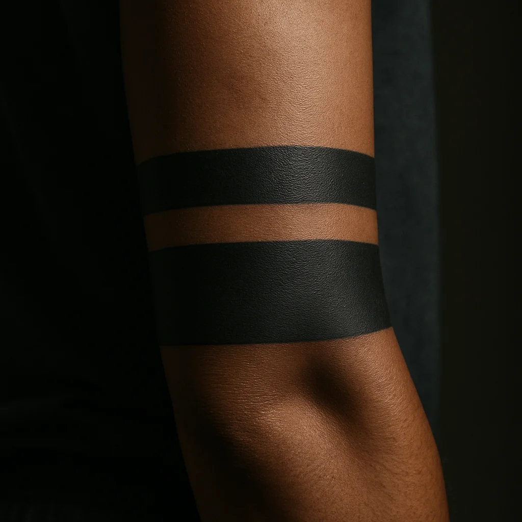 Two solid black armbands of different widths wrapping a man's upper arm above the elbow