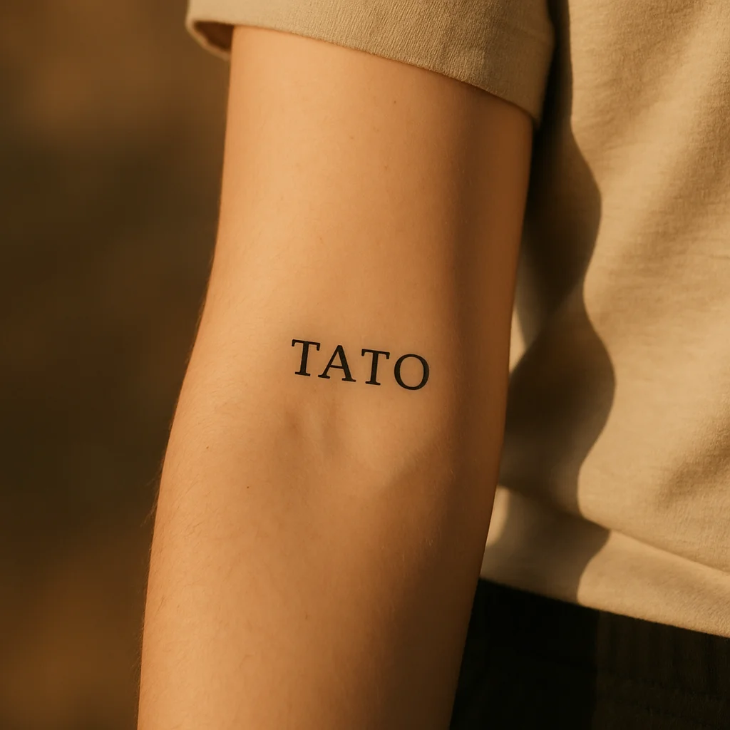 Two-word motto tattooed in small caps lettering along the inner forearm