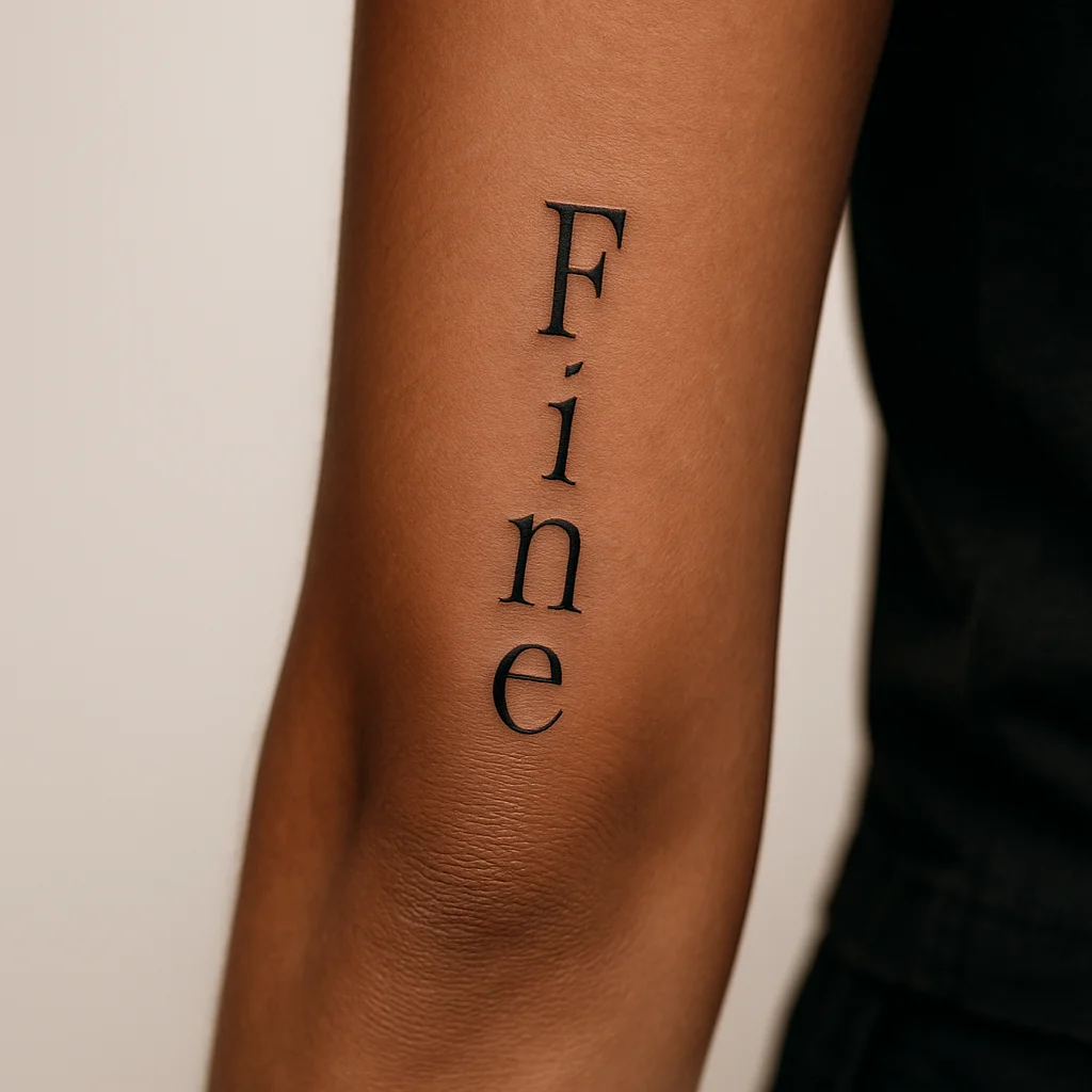 Two-word vertical hand-lettered serif script tattoo along the ulna on outer forearm