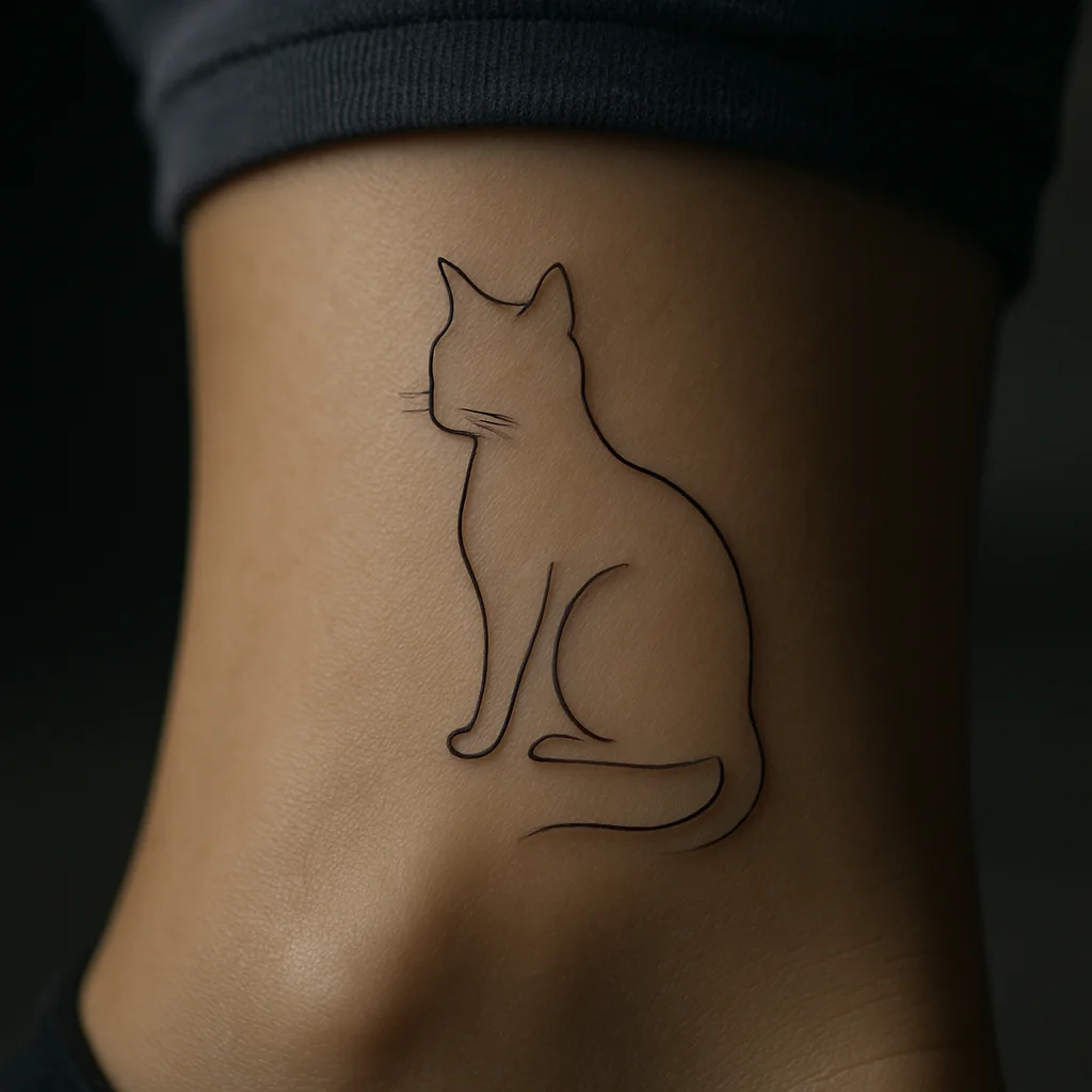 Unbroken one-line cat tattoo in fine-line style on the ankle