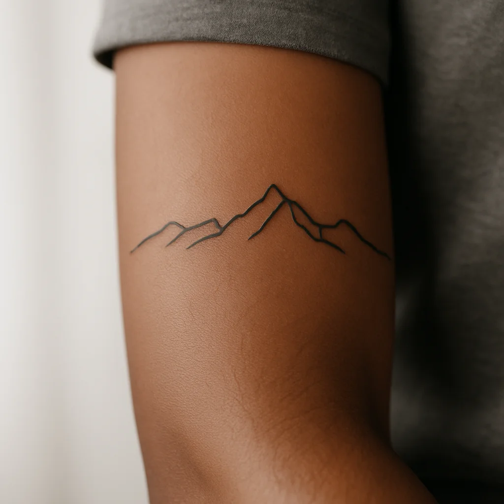 Unbroken single-line mountain ridge tattoo in minimalist style across the inner forearm