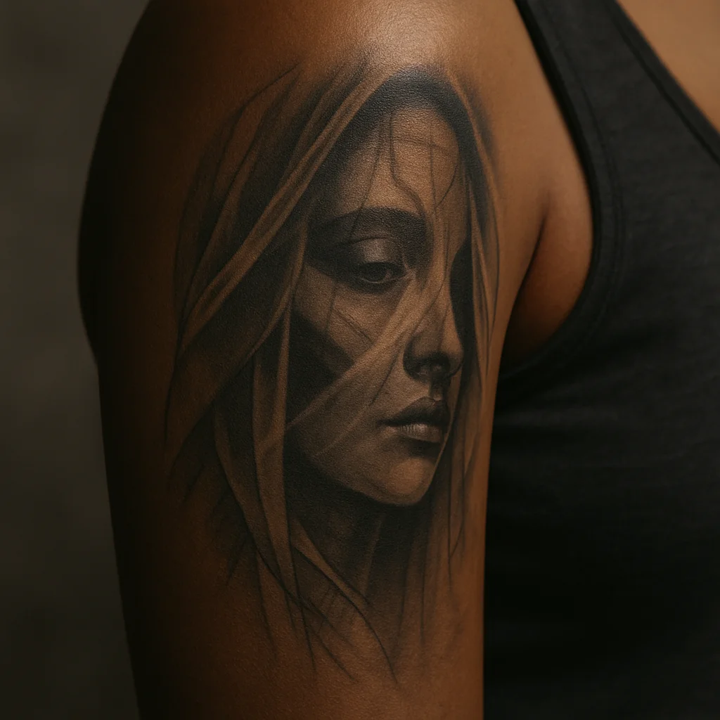 Veiled portrait tattoo with drapery in black and grey wash on a woman's upper arm
