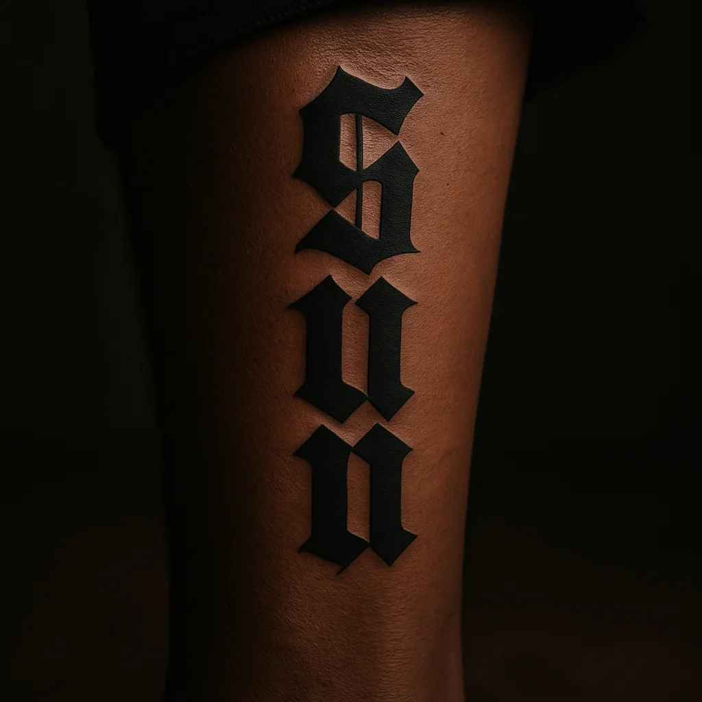 Vertical blackletter script tattoo running down the tendon line of a man's calf