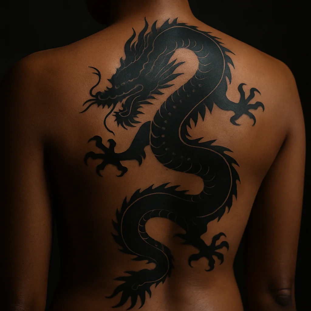 Vertical eastern dragon blackwork spine tattoo with claws reaching onto the shoulder blades
