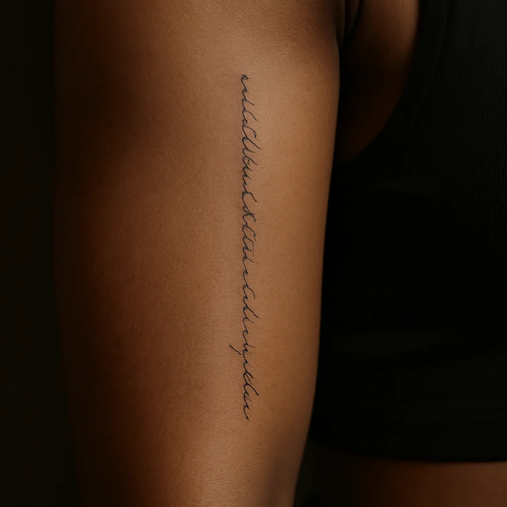 Vertical fine-line script quote tattooed down a woman's inner bicep