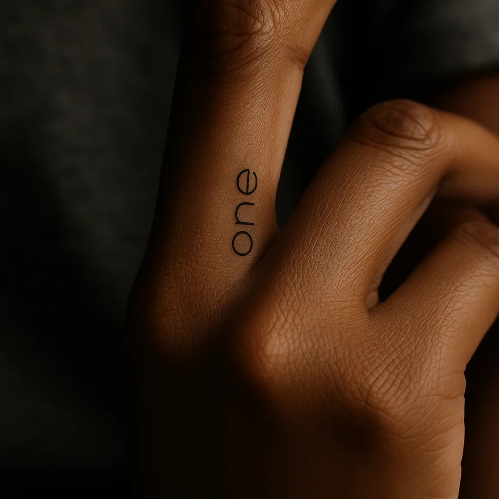 Vertical fine-line word tattoo running down the side of a middle finger