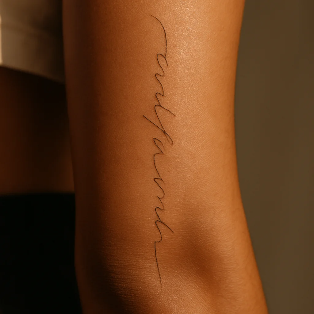 Vertical hand-drawn script tattoo running down a man's inner forearm