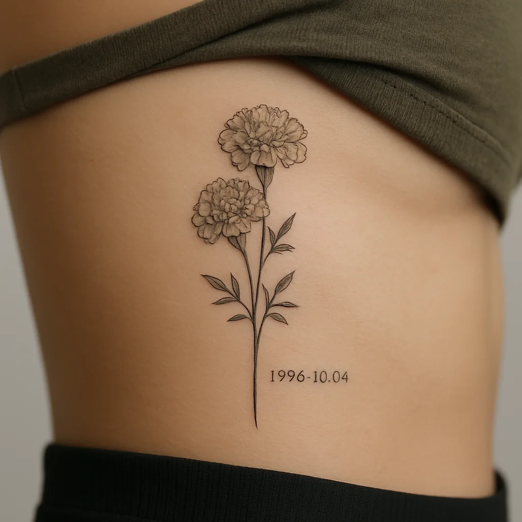 Vertical marigold sprig with fine-line birth date numerals on the side of the ribcage