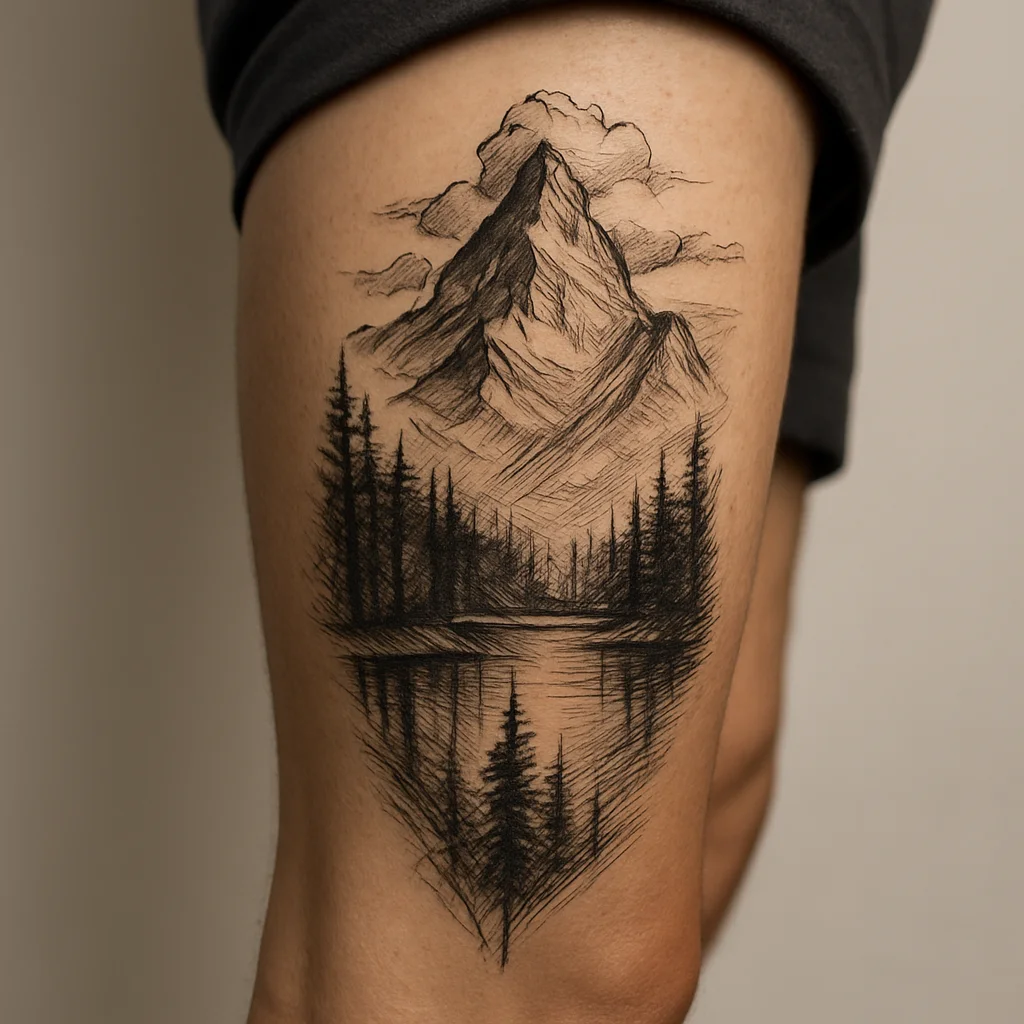 Vertical mountain landscape leg sleeve with pine forest, alpine lake and summit in grey illustrative shading