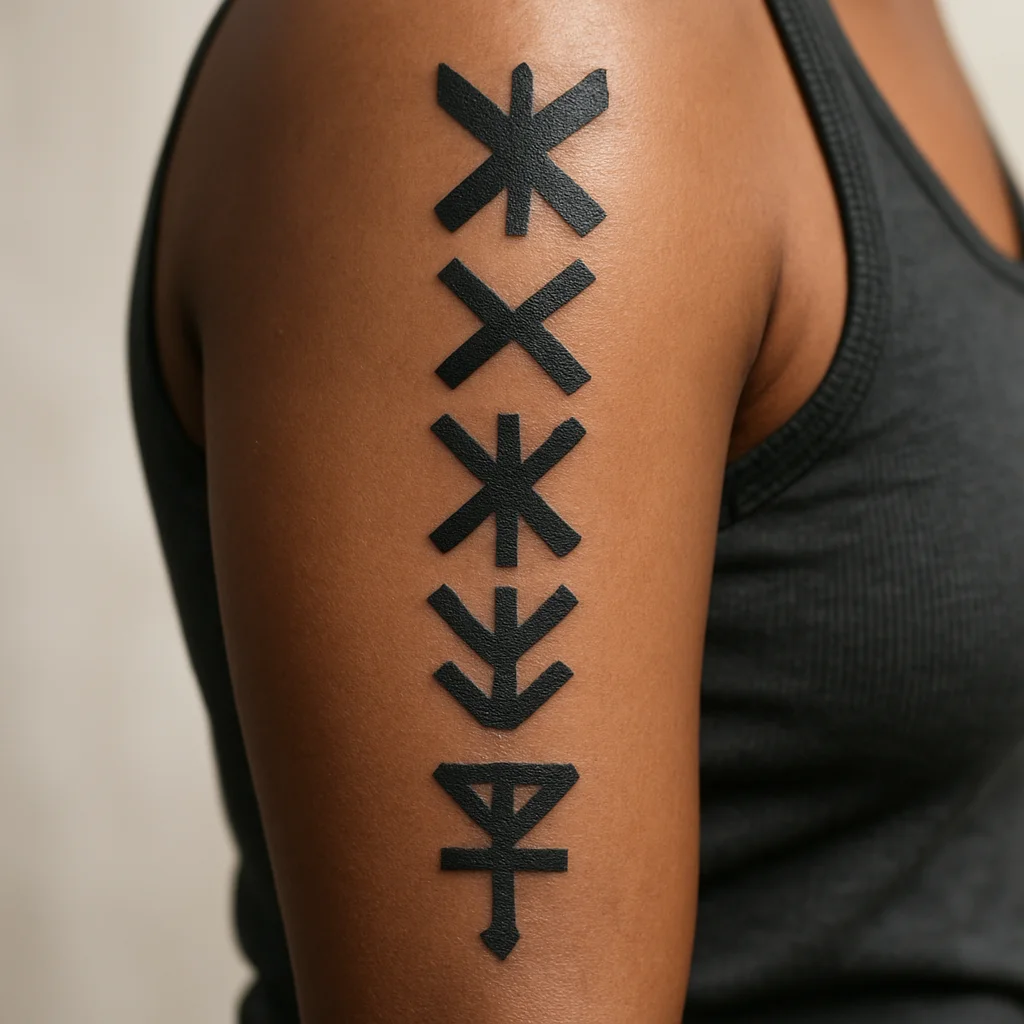 Vertical runic symbol column tattoo down the tricep in blackwork