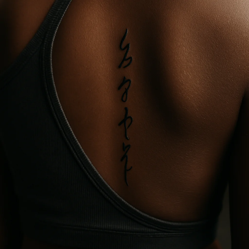 Vertical script tattoo running down the vertebrae of a woman's spine