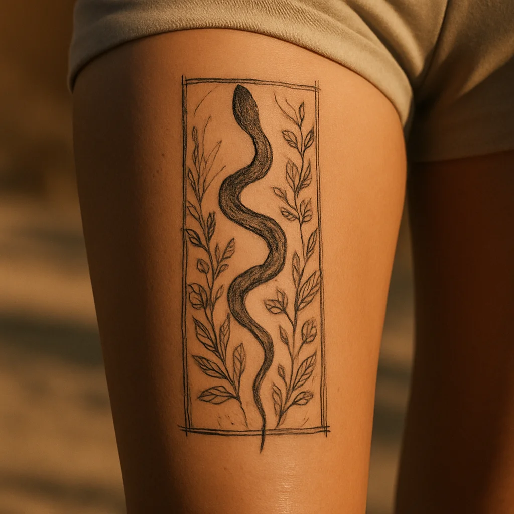 Vertical snake and botanical tattoo stencil positioned on the inner thigh before a session
