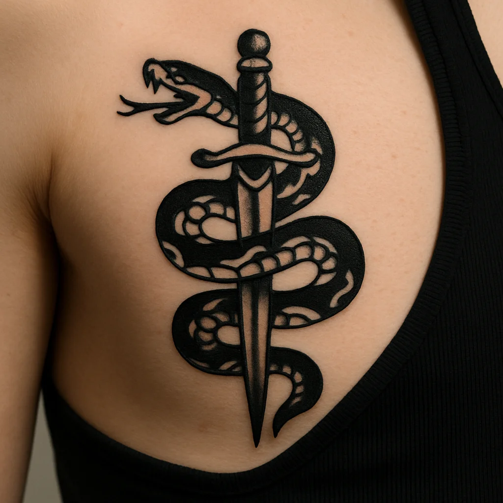 Vertical snake and dagger tattoo down the chest in traditional bold line style