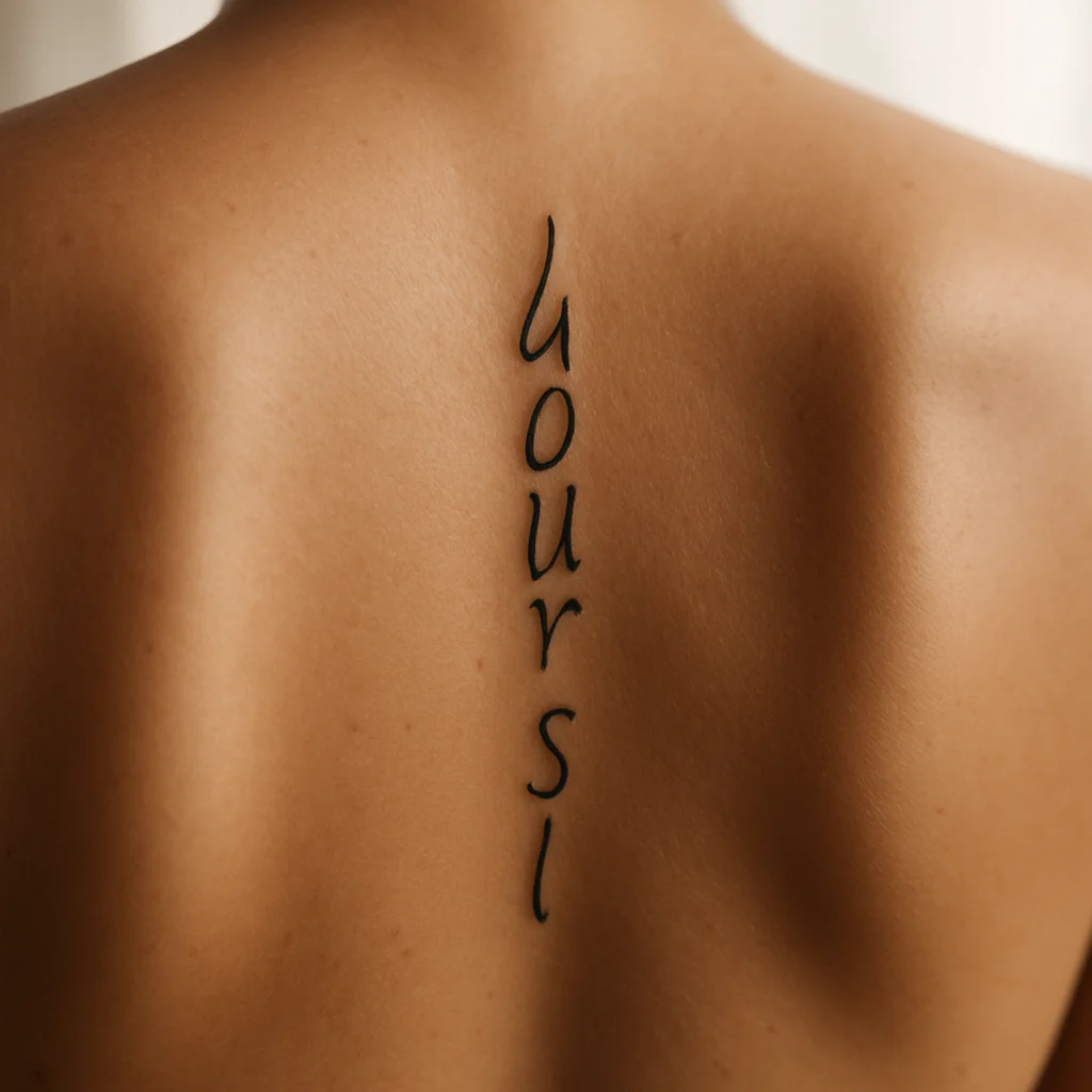 Vertically stacked script tattoo with varied line weight down the spine