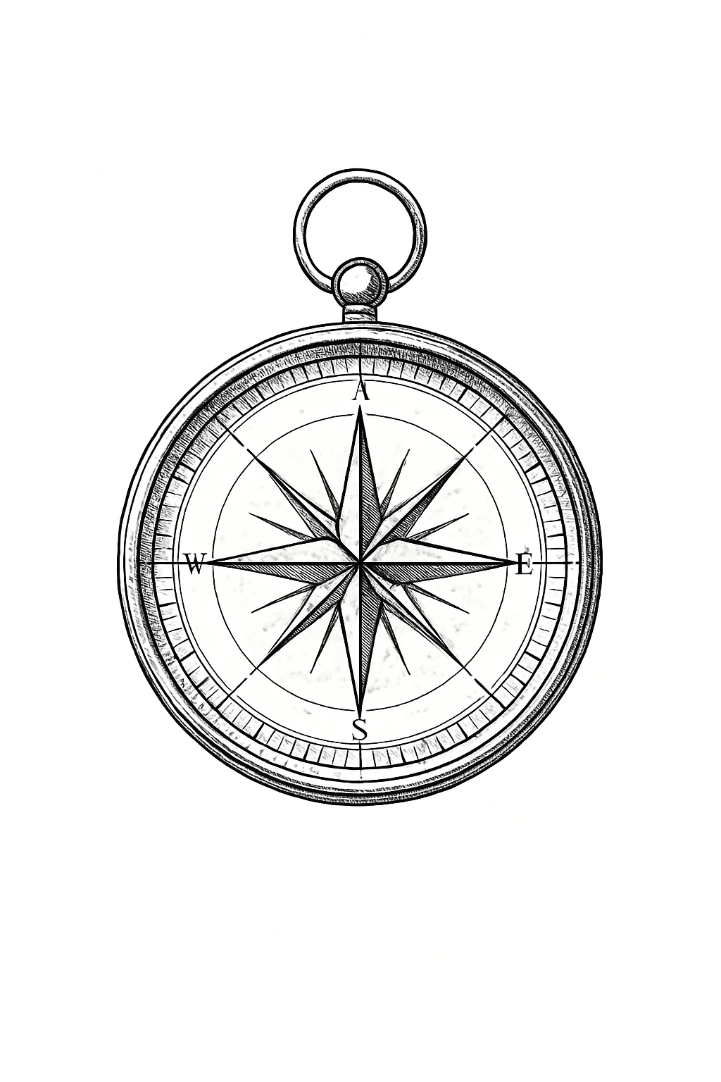 Vintage nautical compass tattoo design, black fine-line flash