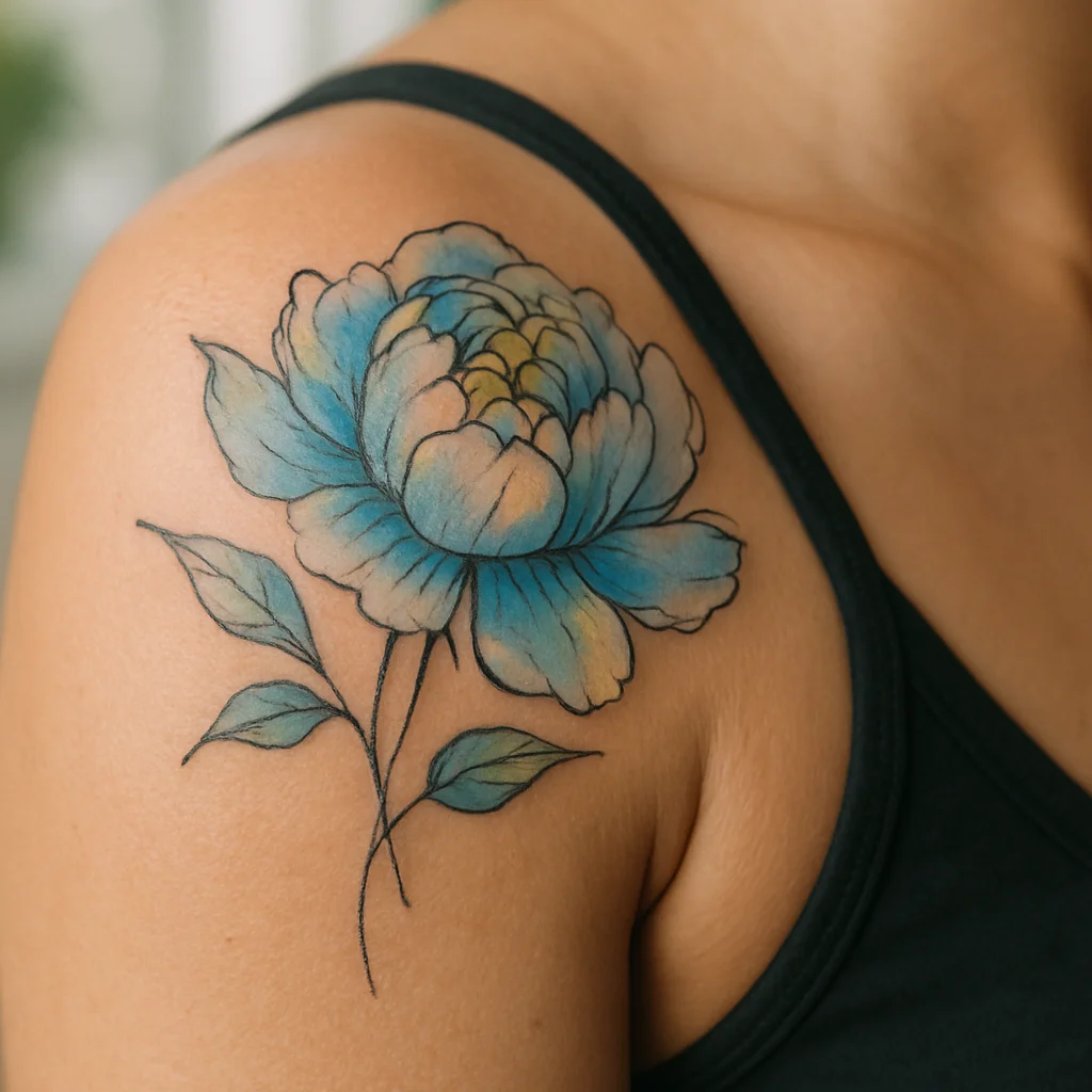 Watercolour peony tattoo in pastel blue and yellow on a shoulder, the hardest colour case for laser removal