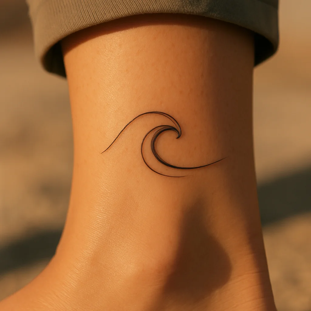 Wave curl single spiralling line, fine-line tiny tattoo on ankle