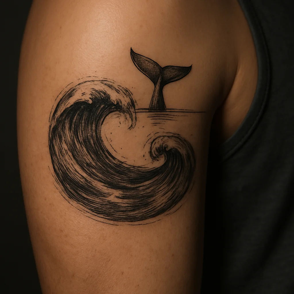 Wave wrapping the bicep with a breaching humpback tail and thin horizon line, illustrative half sleeve