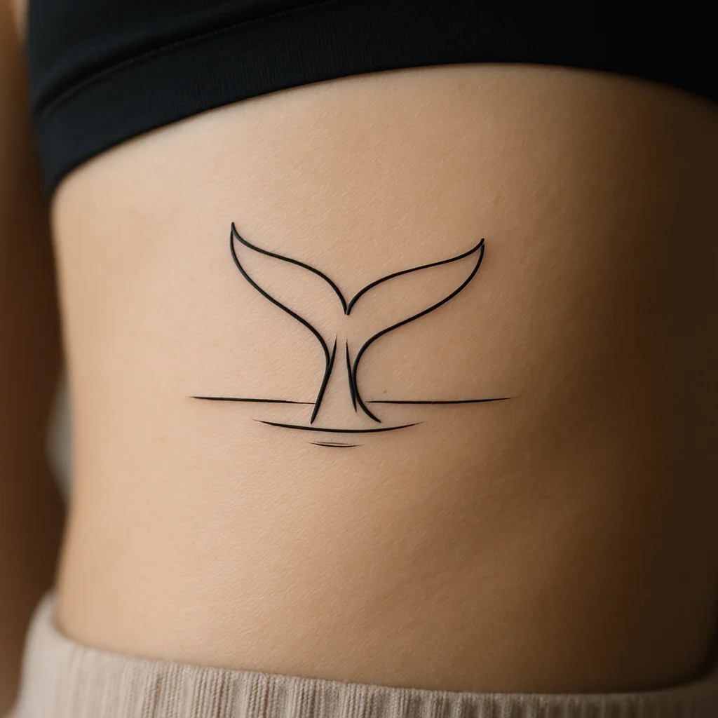 Whale tail above one water line, minimalist tiny tattoo on side of the ribcage