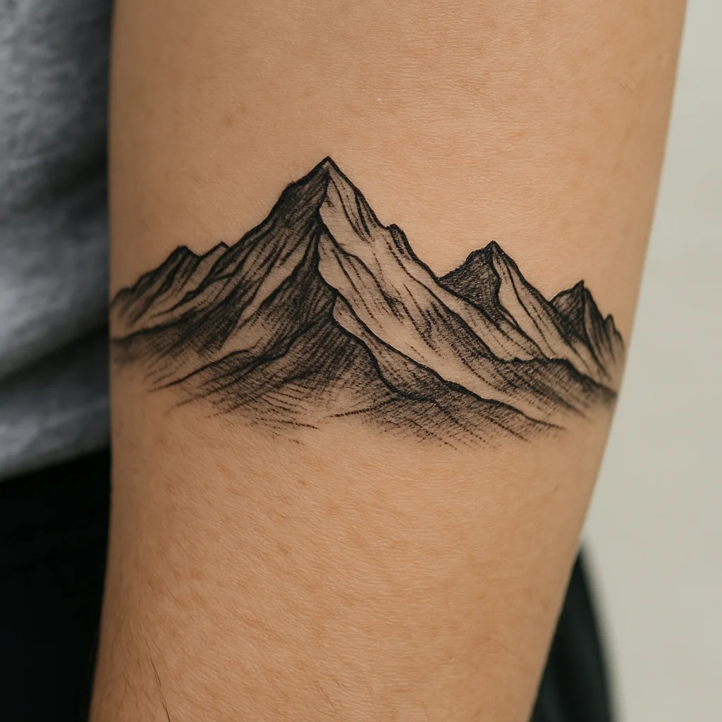 Whip-shaded grey mountain range with empty sky on the outer forearm