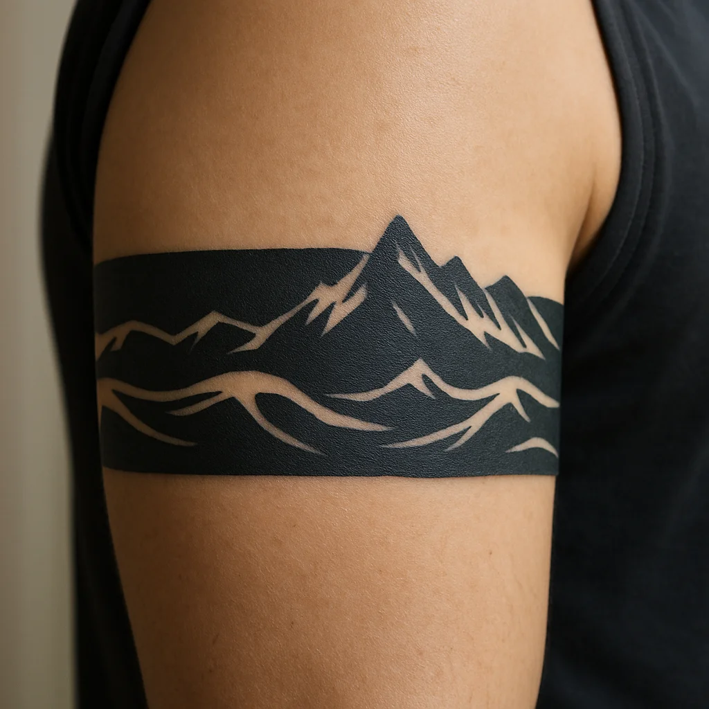 Wide blackwork patterned band of repeated wave and mountain motifs around the arm