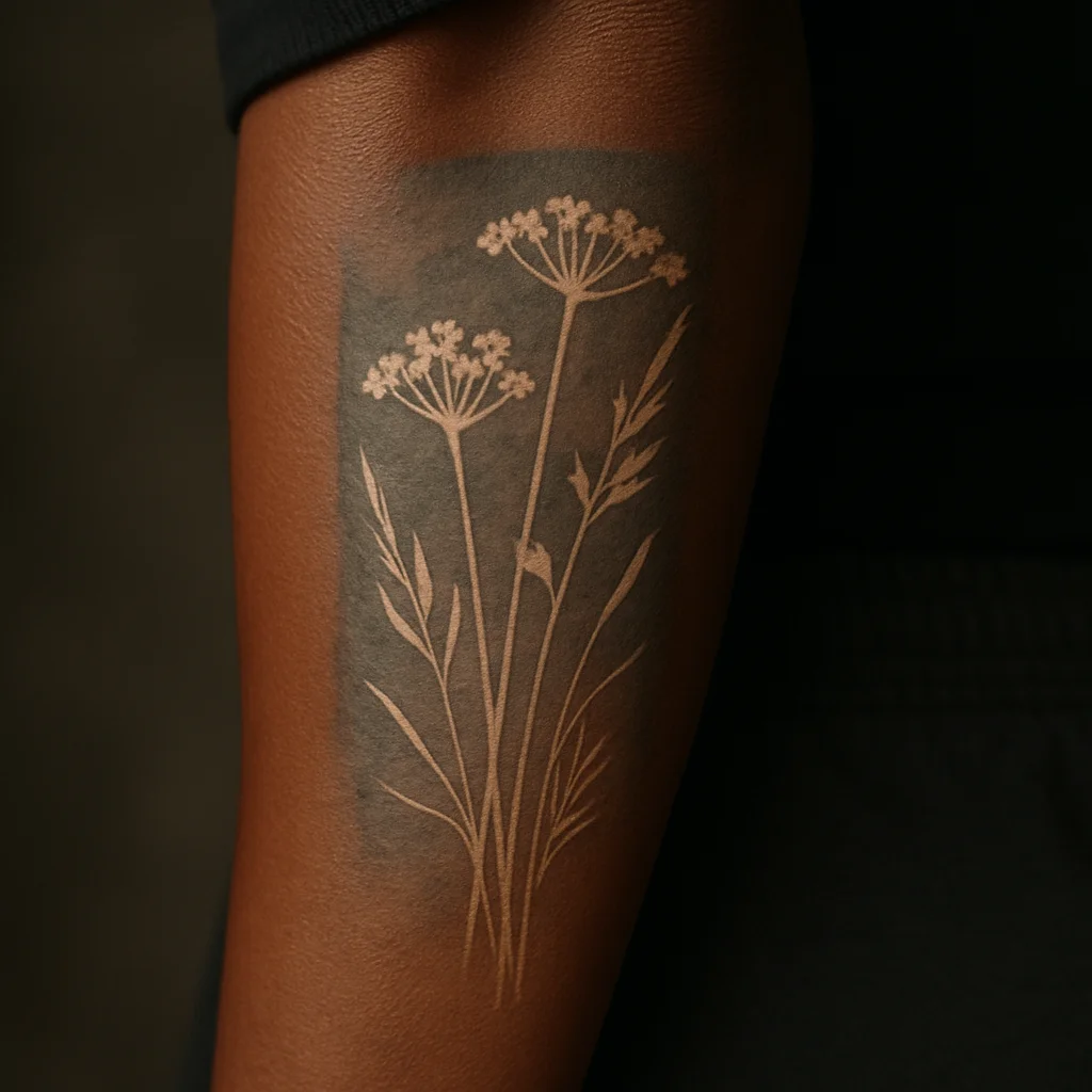 Wild meadow sleeve tattoo with negative-space stems in grey wash on a woman's outer forearm